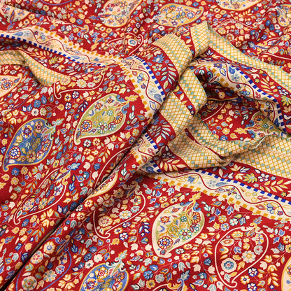 Vintage Red Saree Indian Woolen Woven Floral Fabric 6 Yard Soft Warm Craft Material for Winter Sewing & Dressmaking