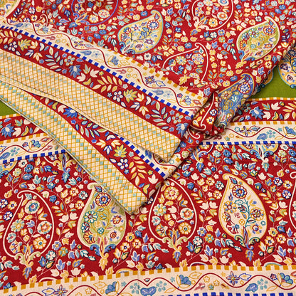 Vintage Red Saree Indian Woolen Woven Floral Fabric 6 Yard Soft Warm Craft Material for Winter Sewing & Dressmaking
