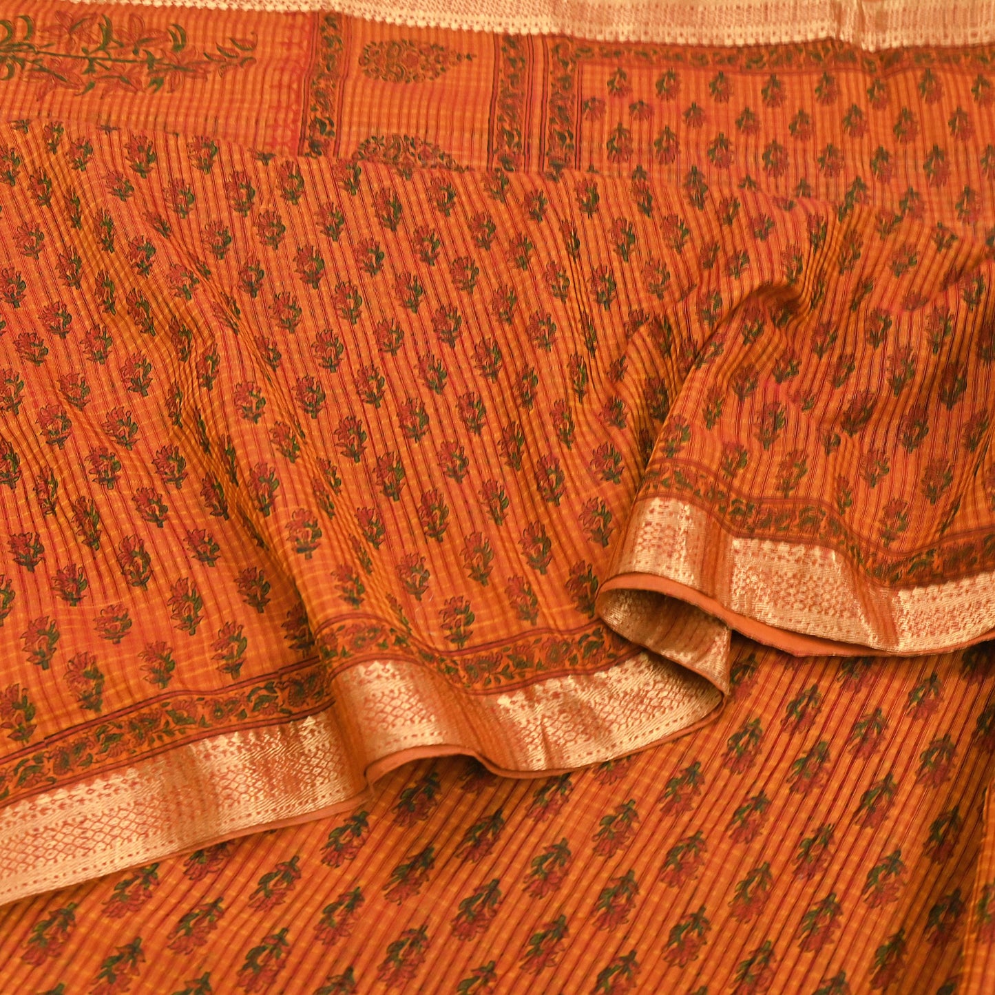 Indian Vintage Sari saffron & red Block Printed Pure Cotton Saree Craft Fabric 6Yd Sewing Sarong Wrap Boho Crafting Upcycle Quilting Zari