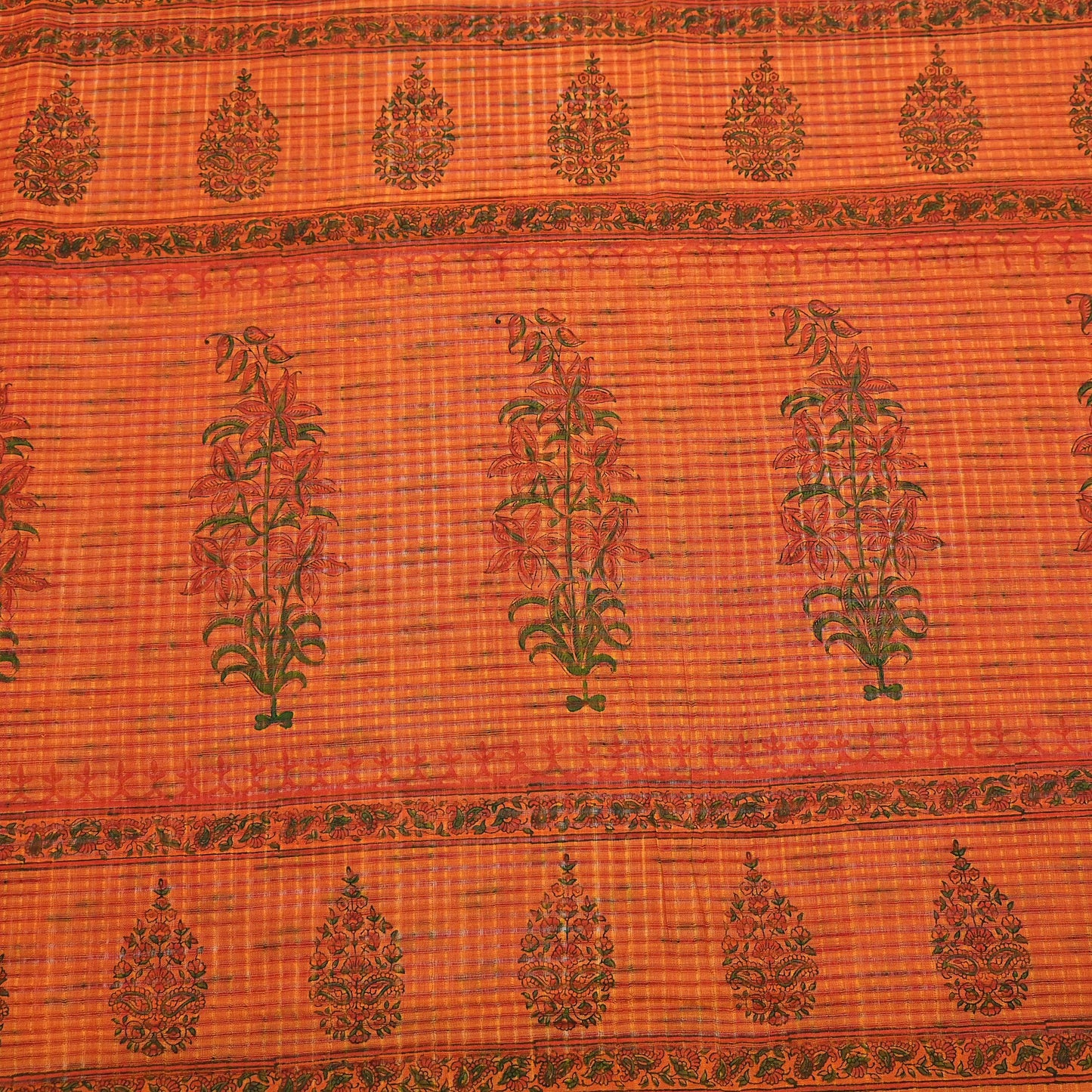 Indian Vintage Sari saffron & red Block Printed Pure Cotton Saree Craft Fabric 6Yd Sewing Sarong Wrap Boho Crafting Upcycle Quilting Zari