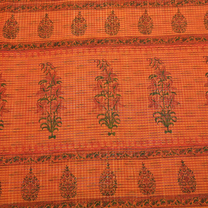 Indian Vintage Sari saffron & red Block Printed Pure Cotton Saree Craft Fabric 6Yd Sewing Sarong Wrap Boho Crafting Upcycle Quilting Zari