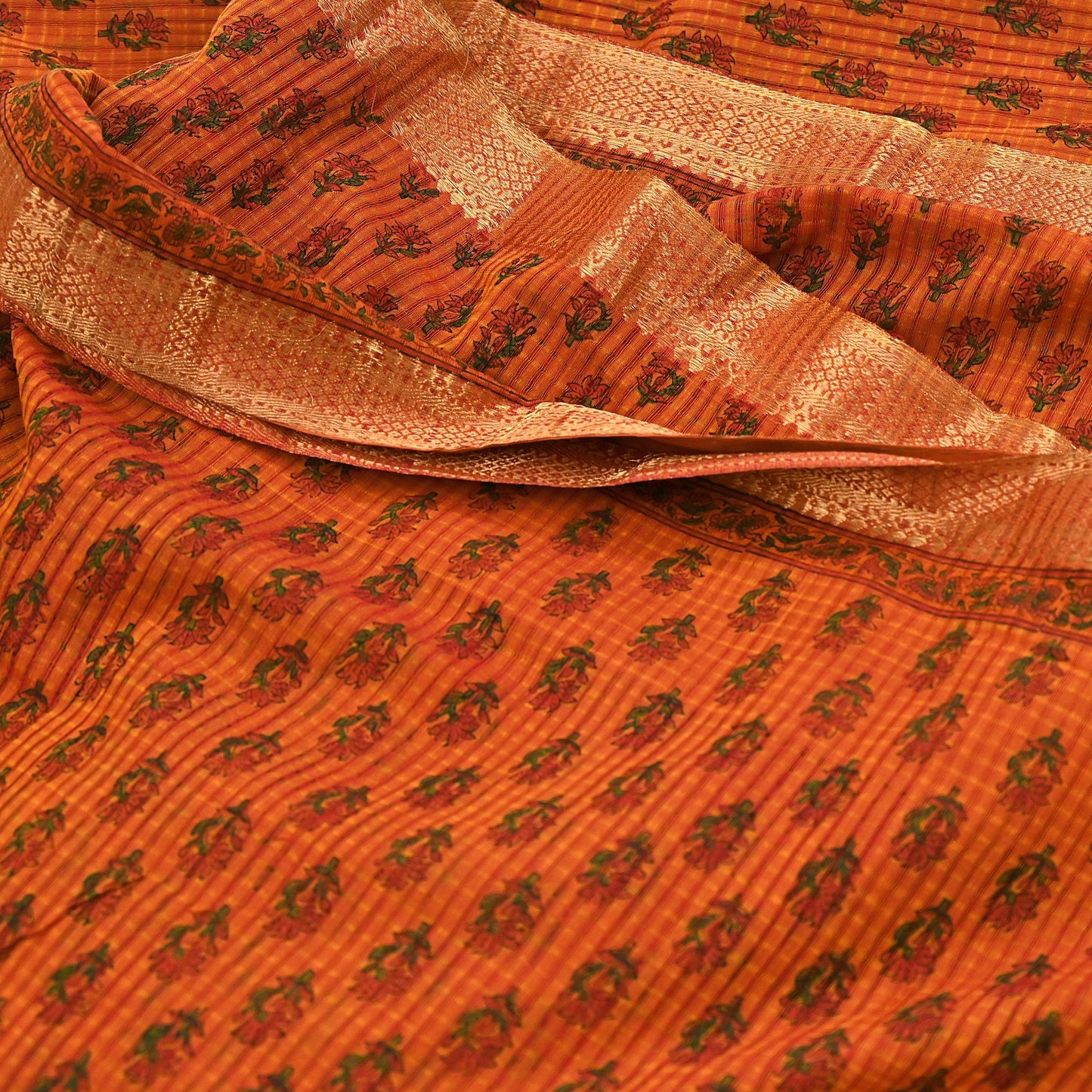 Indian Vintage Sari saffron & red Block Printed Pure Cotton Saree Craft Fabric 6Yd Sewing Sarong Wrap Boho Crafting Upcycle Quilting Zari