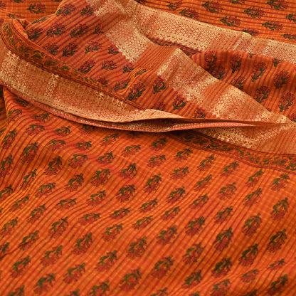 Indian Vintage Sari saffron & red Block Printed Pure Cotton Saree Craft Fabric 6Yd Sewing Sarong Wrap Boho Crafting Upcycle Quilting Zari