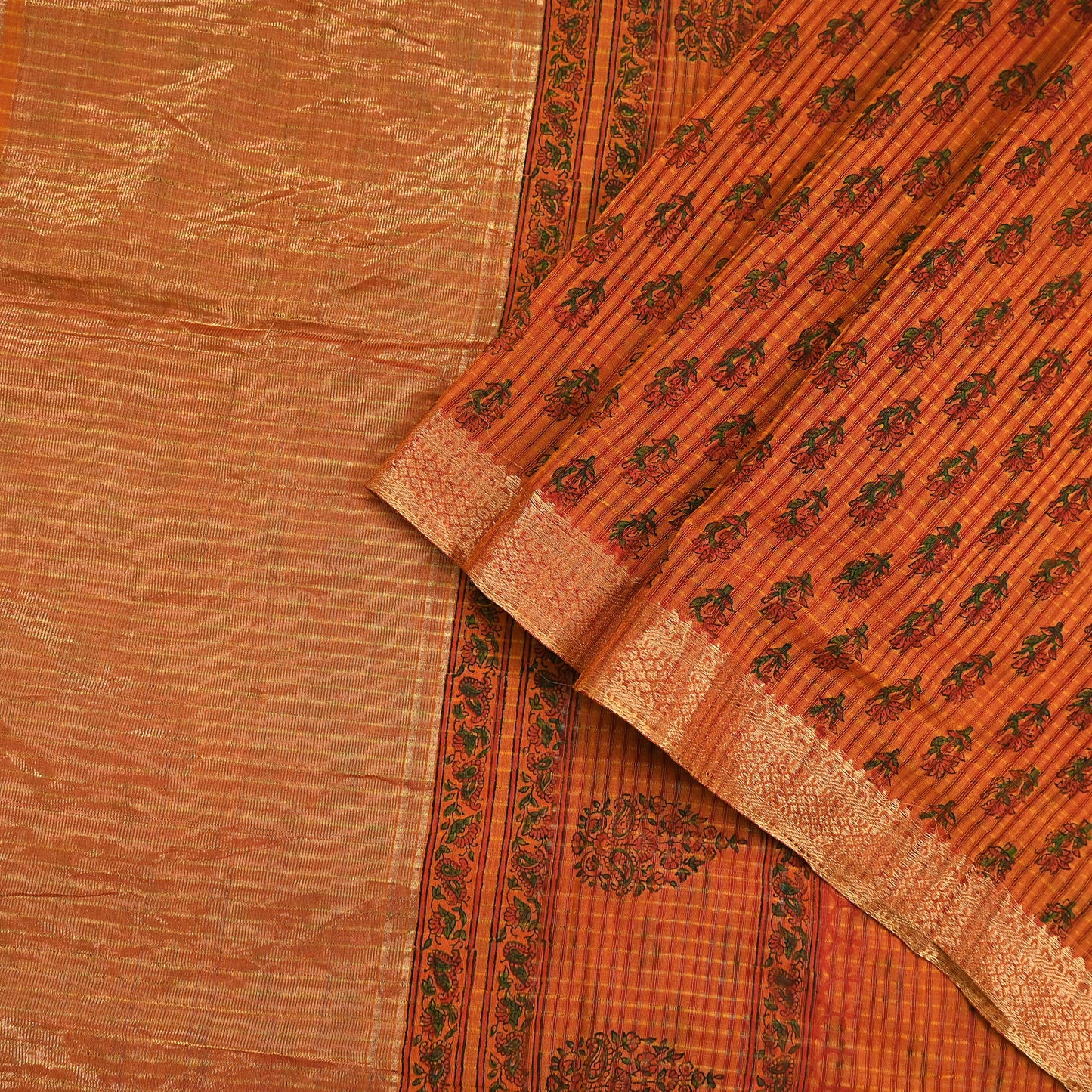 Indian Vintage Sari saffron & red Block Printed Pure Cotton Saree Craft Fabric 6Yd Sewing Sarong Wrap Boho Crafting Upcycle Quilting Zari