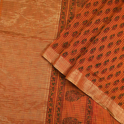 Indian Vintage Sari saffron & red Block Printed Pure Cotton Saree Craft Fabric 6Yd Sewing Sarong Wrap Boho Crafting Upcycle Quilting Zari