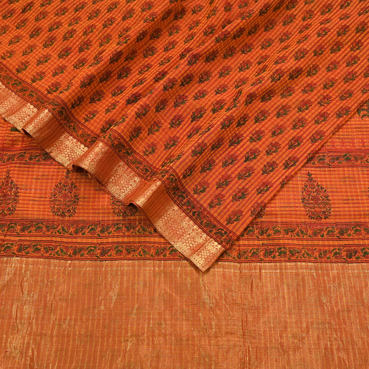 Indian Vintage Sari saffron & red Block Printed Pure Cotton Saree Craft Fabric 6Yd Sewing Sarong Wrap Boho Crafting Upcycle Quilting Zari