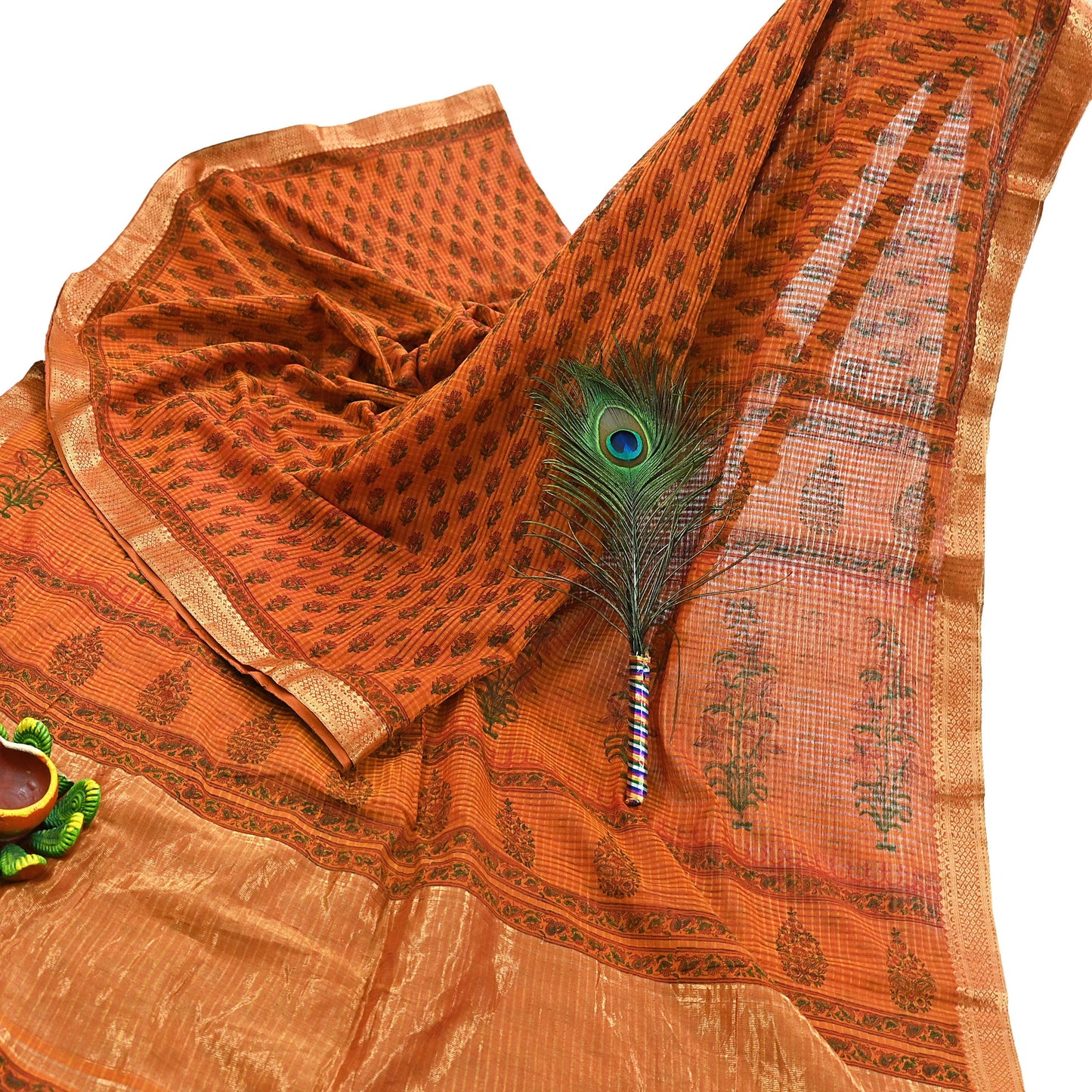 Indian Vintage Sari saffron & red Block Printed Pure Cotton Saree Craft Fabric 6Yd Sewing Sarong Wrap Boho Crafting Upcycle Quilting Zari