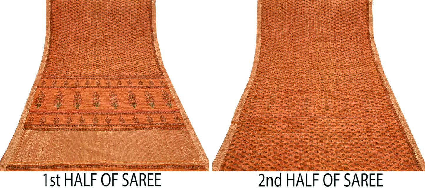 Indian Vintage Sari saffron & red Block Printed Pure Cotton Saree Craft Fabric 6Yd Sewing Sarong Wrap Boho Crafting Upcycle Quilting Zari