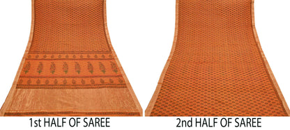 Indian Vintage Sari saffron & red Block Printed Pure Cotton Saree Craft Fabric 6Yd Sewing Sarong Wrap Boho Crafting Upcycle Quilting Zari