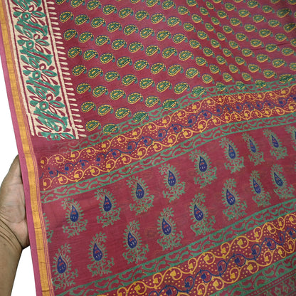 Indian Vintage Sari Pink chanderi Silk Bagru Printed Saree 5Yd Fabric Floral Soft Zari Border Ethnic Upcycle Crafting Dress making