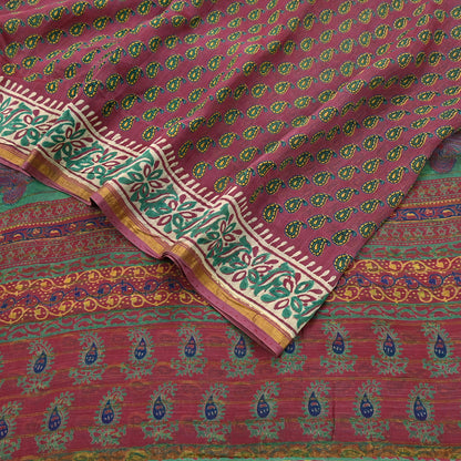 Indian Vintage Sari Pink chanderi Silk Bagru Printed Saree 5Yd Fabric Floral Soft Zari Border Ethnic Upcycle Crafting Dress making