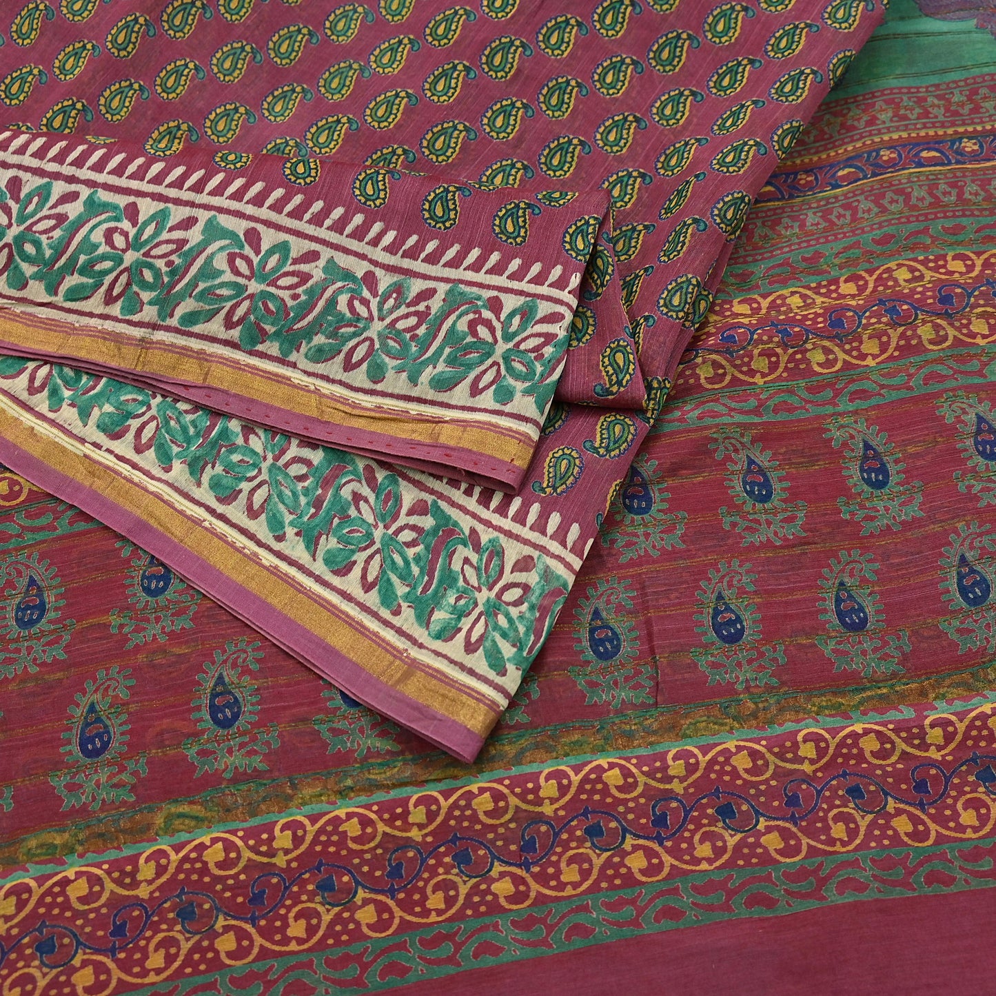 Indian Vintage Sari Pink chanderi Silk Bagru Printed Saree 5Yd Fabric Floral Soft Zari Border Ethnic Upcycle Crafting Dress making
