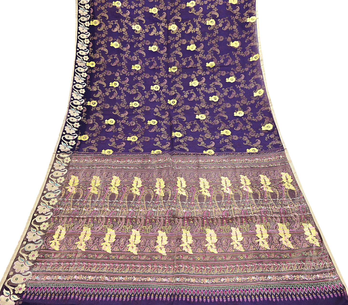 Indian Vintage Sari Purple Pure Organza Silk Hand painted Sarees 5Yd Zari Border Ethnic Craft Fabric Bollywood Sarees Quilting Crafting