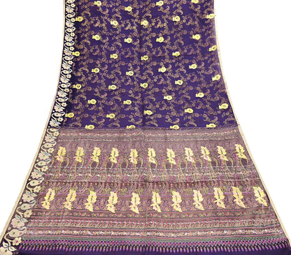 Indian Vintage Sari Purple Pure Organza Silk Hand painted Sarees 5Yd Zari Border Ethnic Craft Fabric Bollywood Sarees Quilting Crafting
