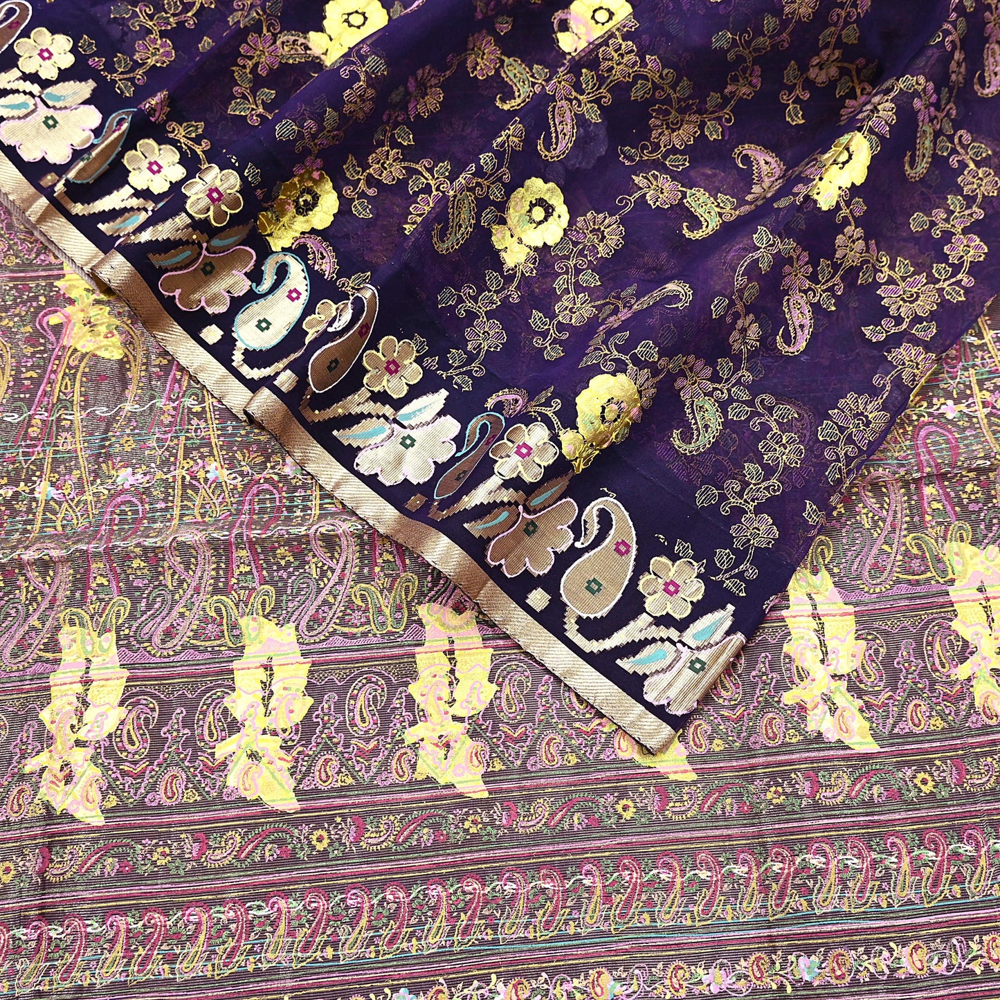 Indian Vintage Sari Purple Pure Organza Silk Hand painted Sarees 5Yd Zari Border Ethnic Craft Fabric Bollywood Sarees Quilting Crafting