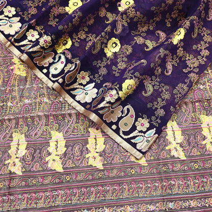Indian Vintage Sari Purple Pure Organza Silk Hand painted Sarees 5Yd Zari Border Ethnic Craft Fabric Bollywood Sarees Quilting Crafting