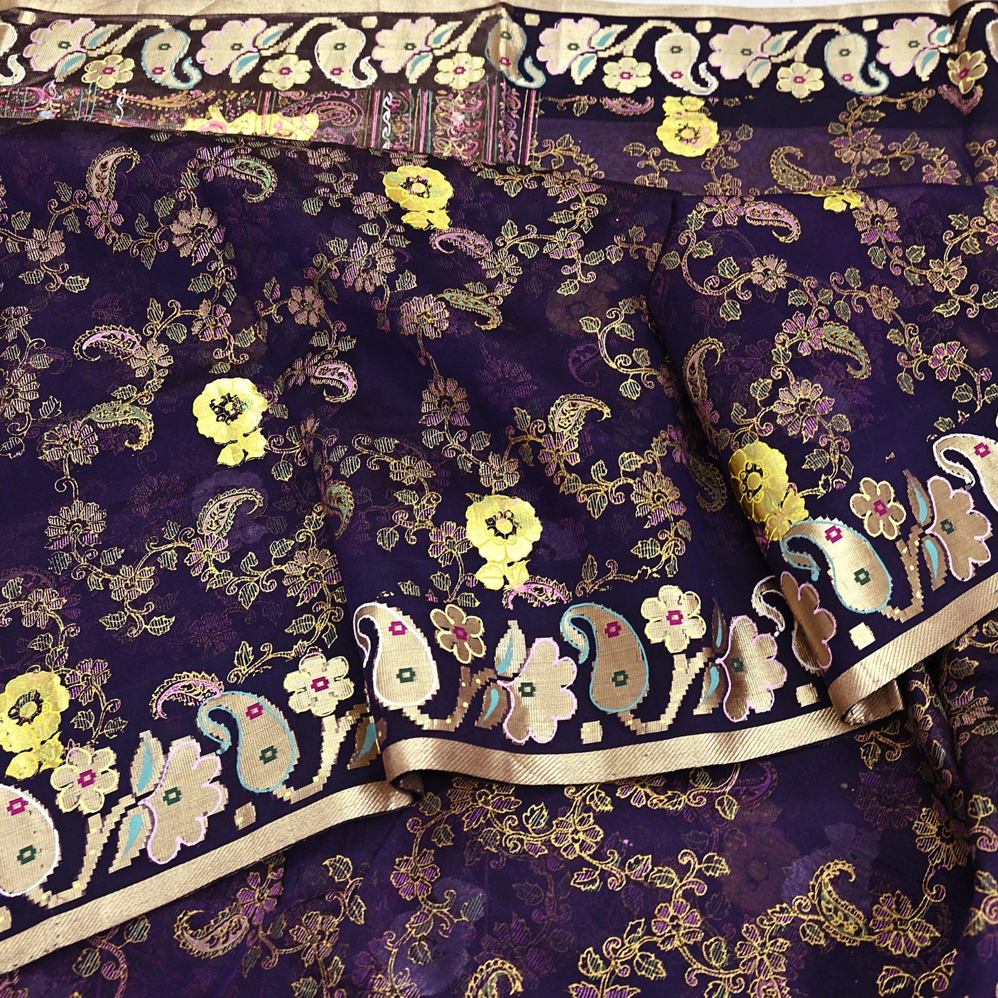 Indian Vintage Sari Purple Pure Organza Silk Hand painted Sarees 5Yd Zari Border Ethnic Craft Fabric Bollywood Sarees Quilting Crafting