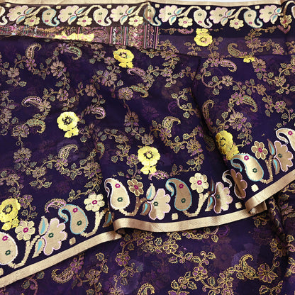 Indian Vintage Sari Purple Pure Organza Silk Hand painted Sarees 5Yd Zari Border Ethnic Craft Fabric Bollywood Sarees Quilting Crafting