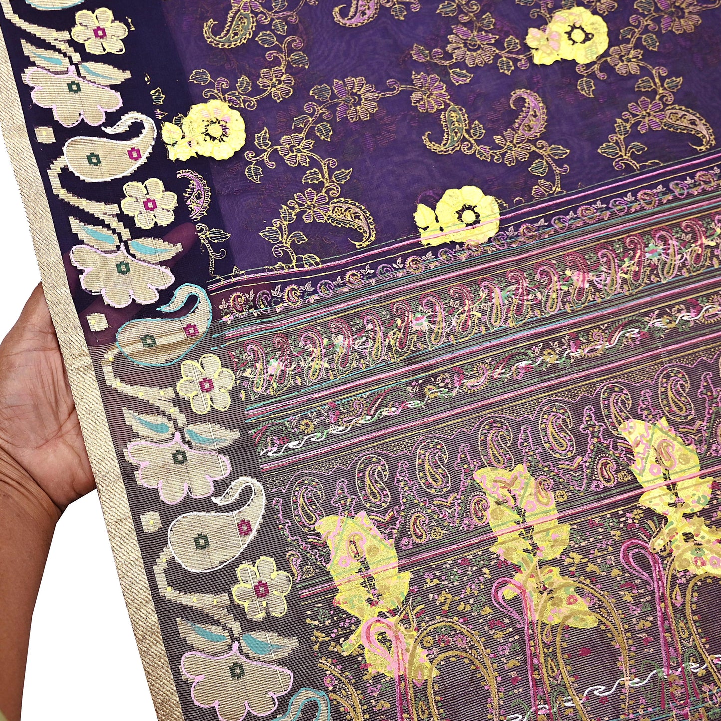Indian Vintage Sari Purple Pure Organza Silk Hand painted Sarees 5Yd Zari Border Ethnic Craft Fabric Bollywood Sarees Quilting Crafting