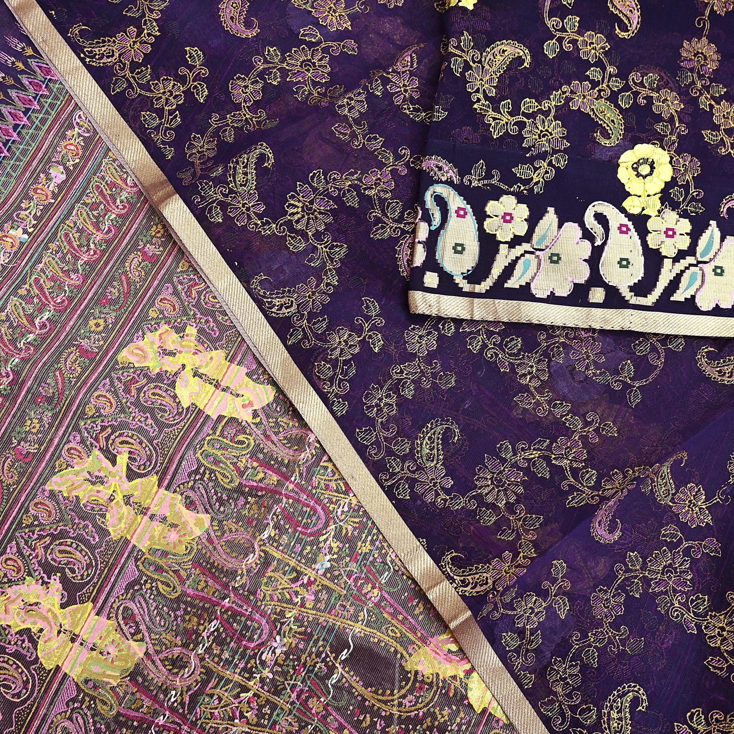 Indian Vintage Sari Purple Pure Organza Silk Hand painted Sarees 5Yd Zari Border Ethnic Craft Fabric Bollywood Sarees Quilting Crafting