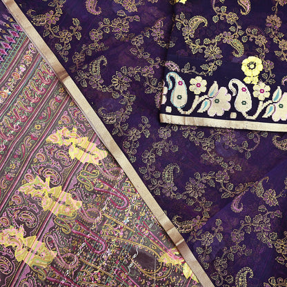 Indian Vintage Sari Purple Pure Organza Silk Hand painted Sarees 5Yd Zari Border Ethnic Craft Fabric Bollywood Sarees Quilting Crafting