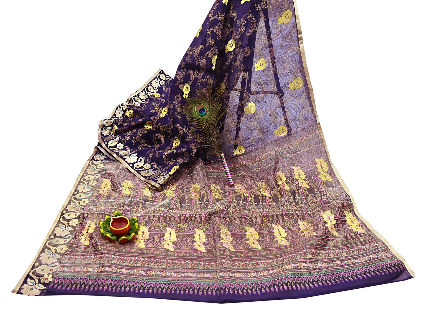 Indian Vintage Sari Purple Pure Organza Silk Hand painted Sarees 5Yd Zari Border Ethnic Craft Fabric Bollywood Sarees Quilting Crafting