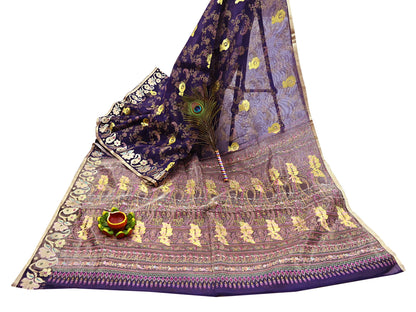 Indian Vintage Sari Purple Pure Organza Silk Hand painted Sarees 5Yd Zari Border Ethnic Craft Fabric Bollywood Sarees Quilting Crafting