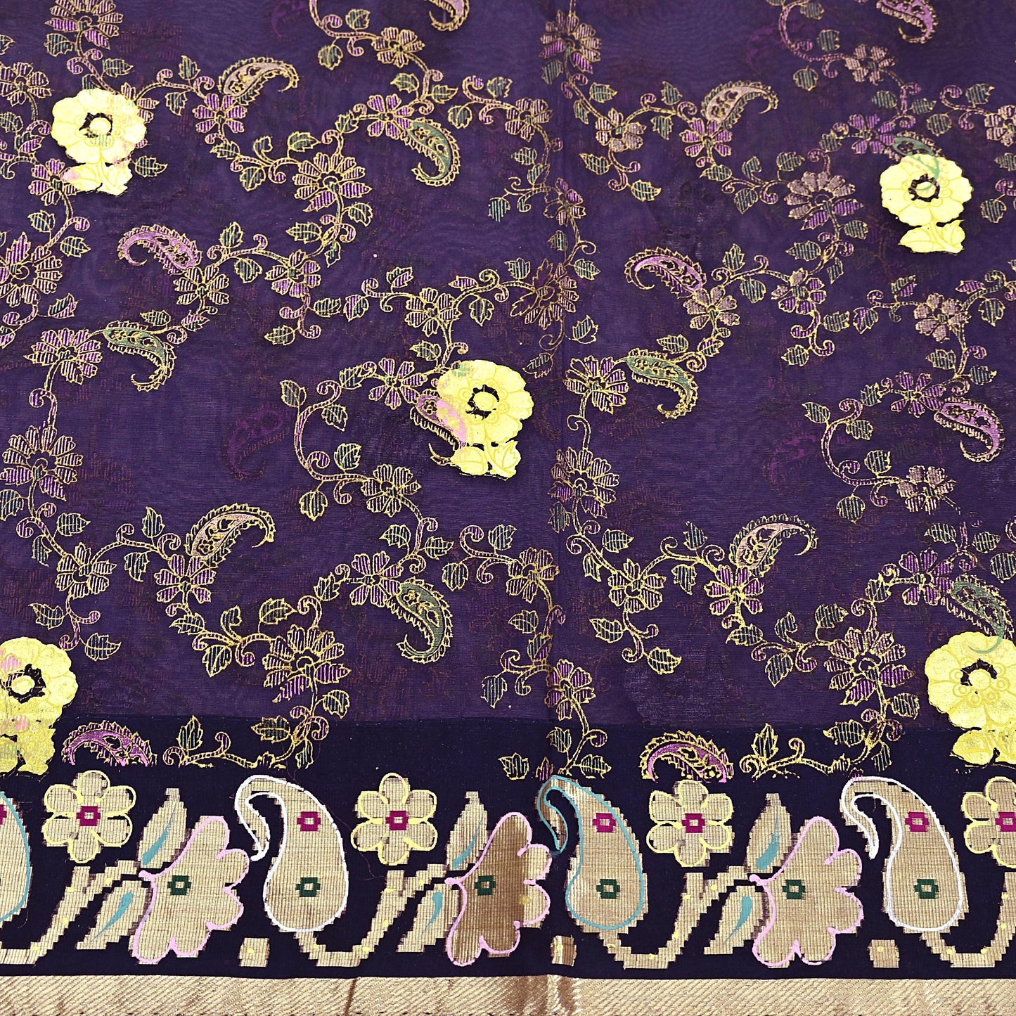 Indian Vintage Sari Purple Pure Organza Silk Hand painted Sarees 5Yd Zari Border Ethnic Craft Fabric Bollywood Sarees Quilting Crafting