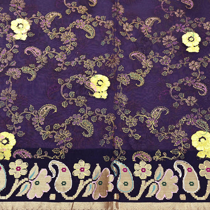 Indian Vintage Sari Purple Pure Organza Silk Hand painted Sarees 5Yd Zari Border Ethnic Craft Fabric Bollywood Sarees Quilting Crafting
