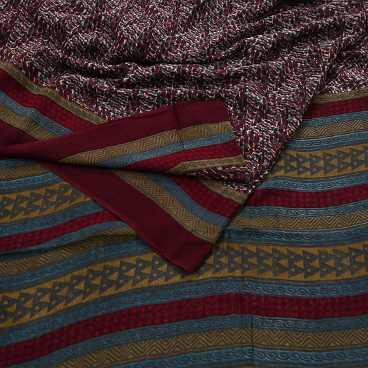 Indian Vintage Maroon Saree 100% Pure Georgette Silk Hand Printed Sari Sewing 5yd Craft Soft Dress Designing for Crafting
