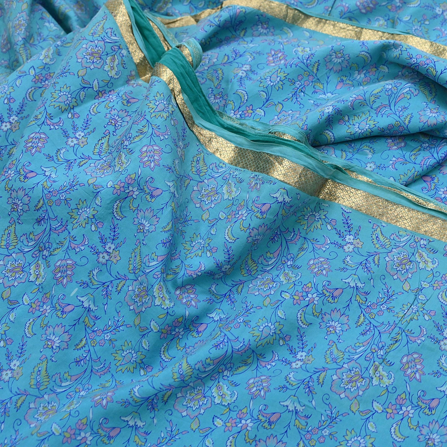 Vintage Turquoise Pure Silk Saree Indian Printed Silk Fabric 5 Yards Boho Craft Material for Sewing, Quilting, Dressmaking, Upcycling