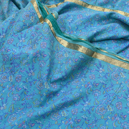 Vintage Turquoise Pure Silk Saree Indian Printed Silk Fabric 5 Yards Boho Craft Material for Sewing, Quilting, Dressmaking, Upcycling