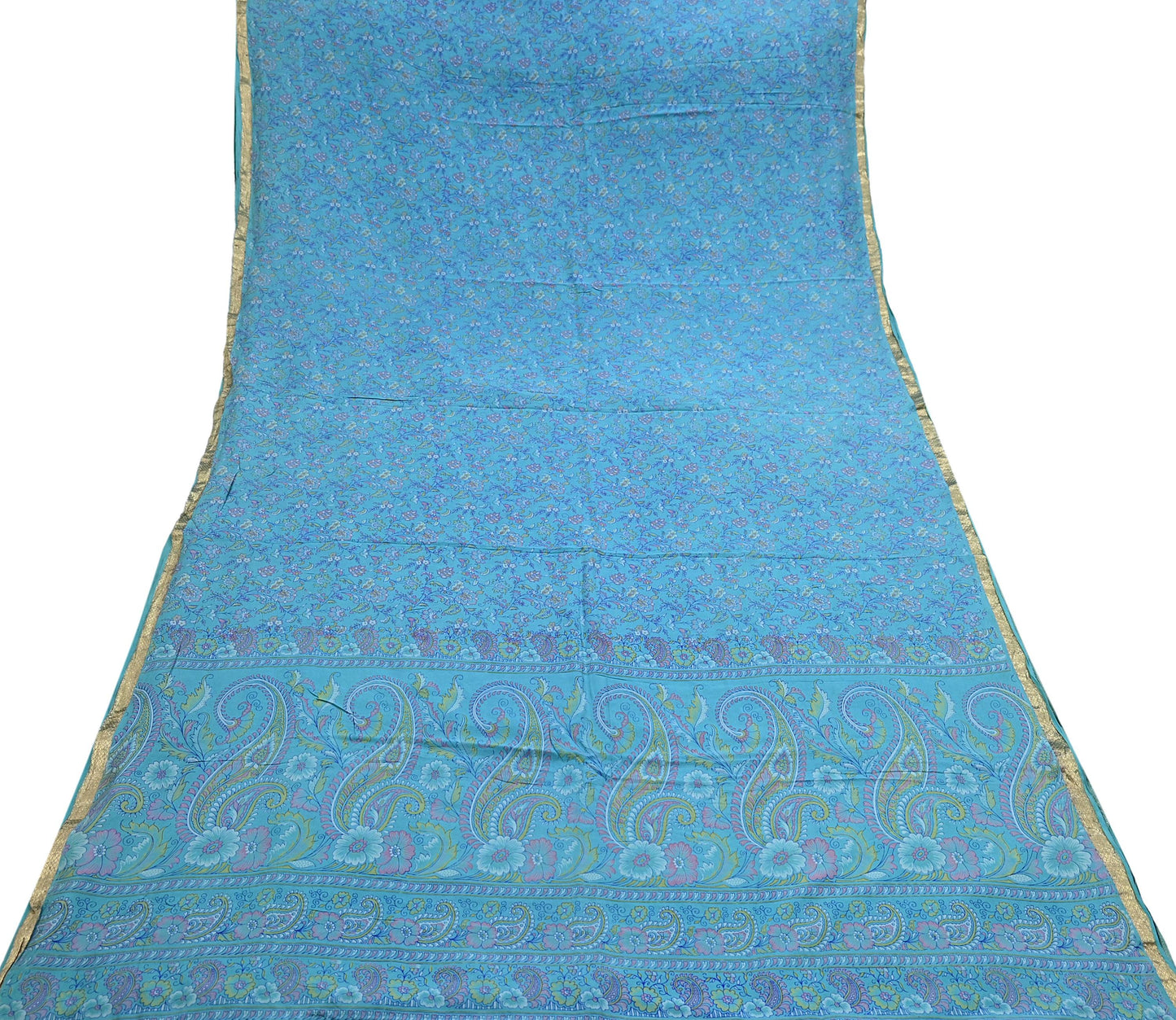 Vintage Turquoise Pure Silk Saree Indian Printed Silk Fabric 5 Yards Boho Craft Material for Sewing, Quilting, Dressmaking, Upcycling