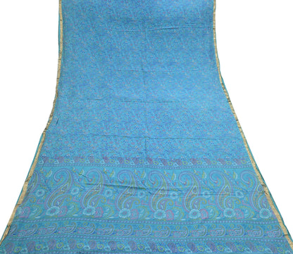 Vintage Turquoise Pure Silk Saree Indian Printed Silk Fabric 5 Yards Boho Craft Material for Sewing, Quilting, Dressmaking, Upcycling