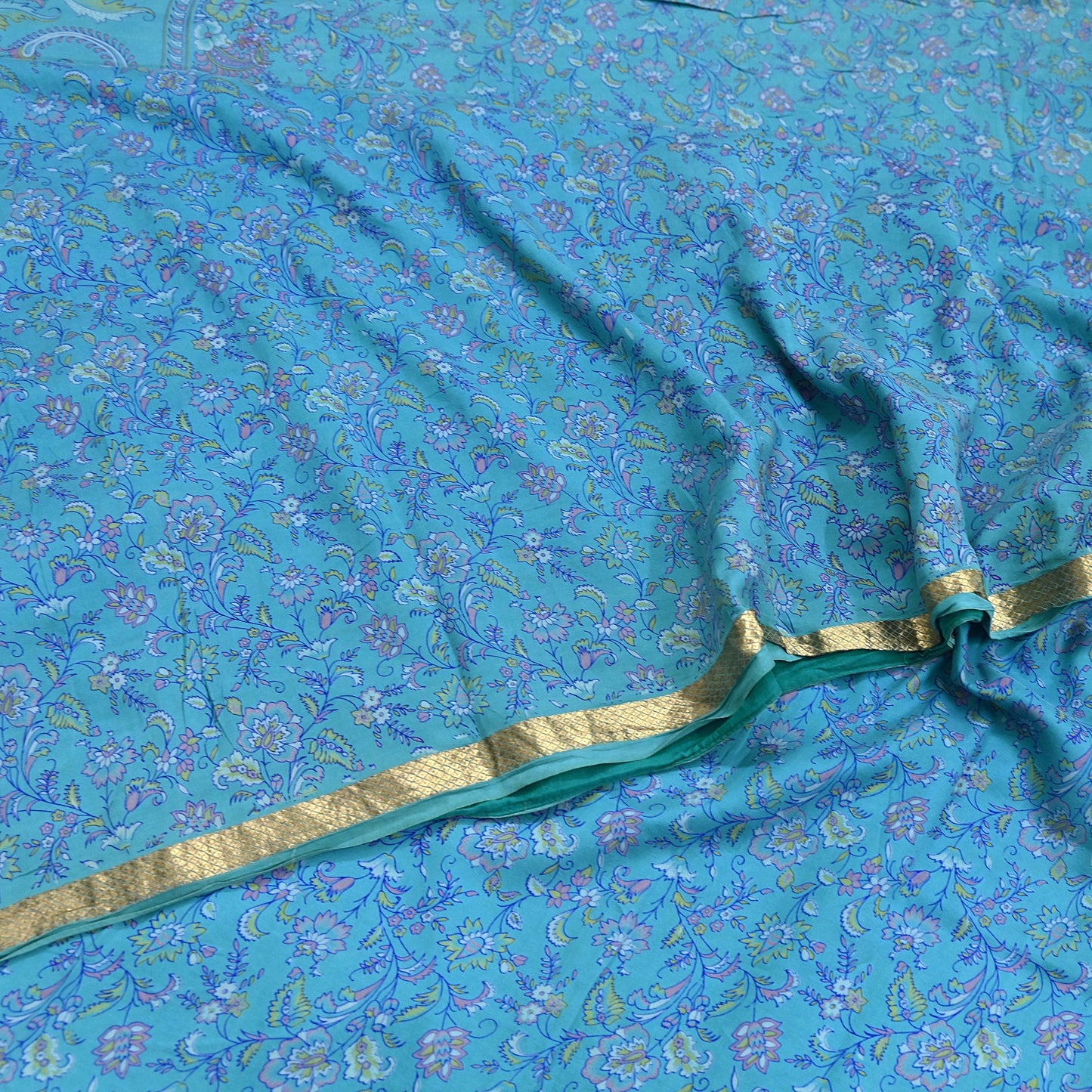 Vintage Turquoise Pure Silk Saree Indian Printed Silk Fabric 5 Yards Boho Craft Material for Sewing, Quilting, Dressmaking, Upcycling