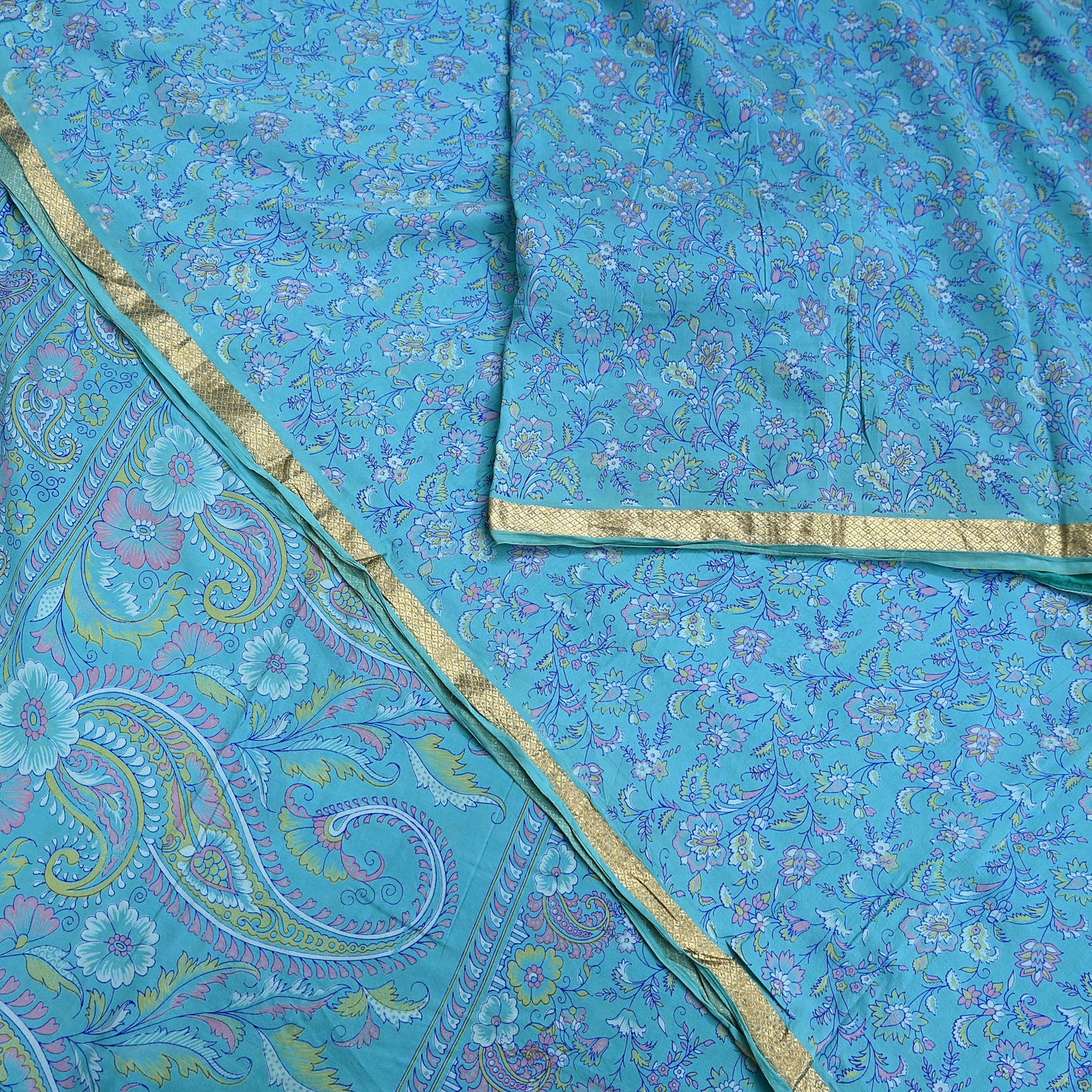 Vintage Turquoise Pure Silk Saree Indian Printed Silk Fabric 5 Yards Boho Craft Material for Sewing, Quilting, Dressmaking, Upcycling