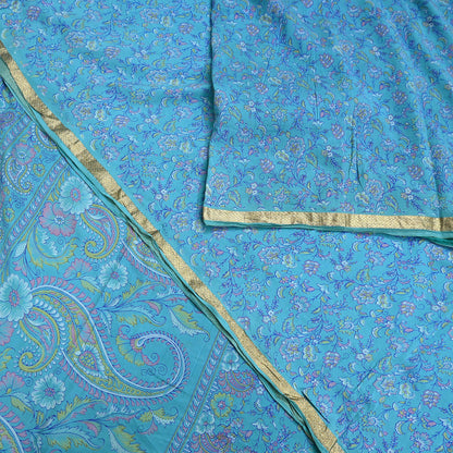Vintage Turquoise Pure Silk Saree Indian Printed Silk Fabric 5 Yards Boho Craft Material for Sewing, Quilting, Dressmaking, Upcycling