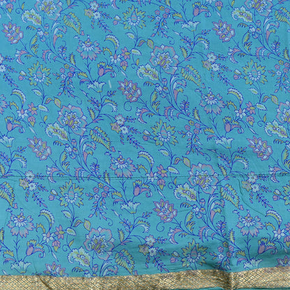 Vintage Turquoise Pure Silk Saree Indian Printed Silk Fabric 5 Yards Boho Craft Material for Sewing, Quilting, Dressmaking, Upcycling