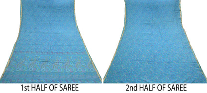 Vintage Turquoise Pure Silk Saree Indian Printed Silk Fabric 5 Yards Boho Craft Material for Sewing, Quilting, Dressmaking, Upcycling