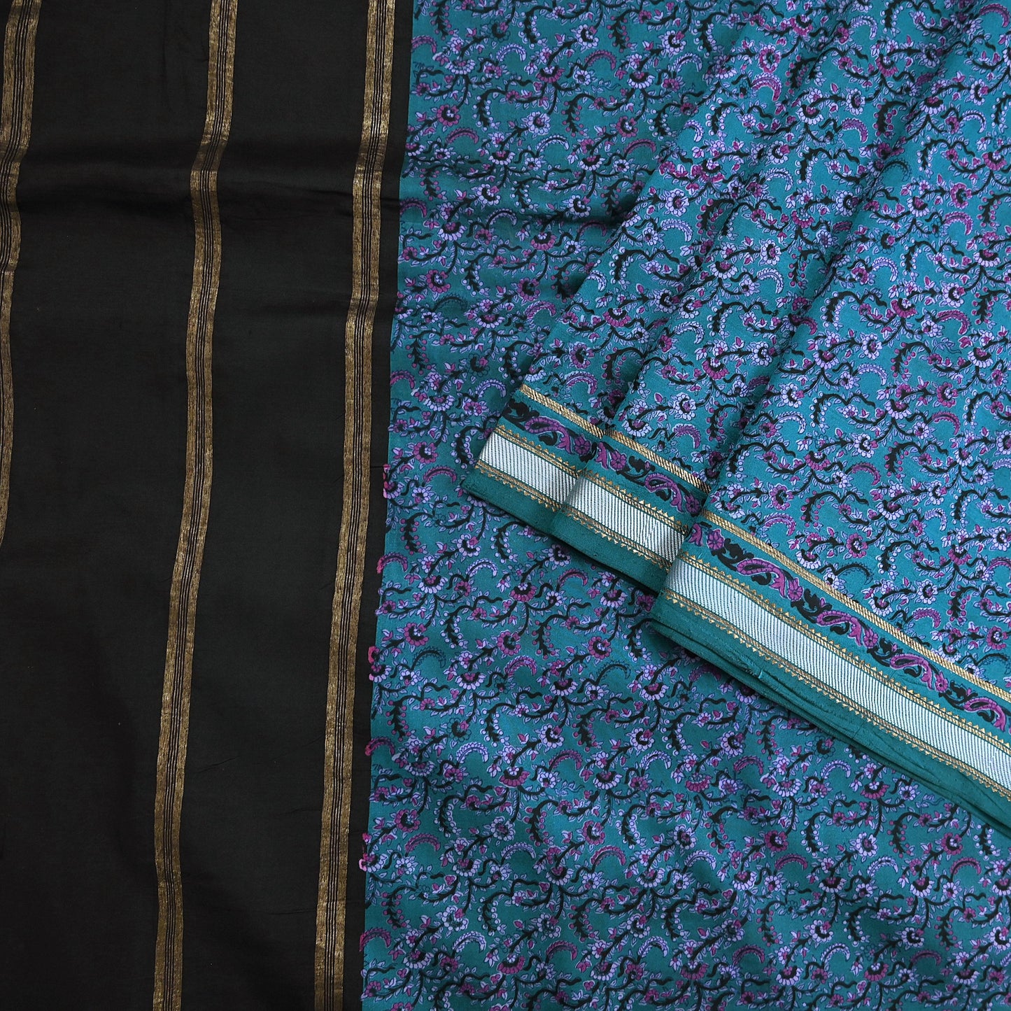 Vintage Sari Teal Blue Pure Silk Printed Saree Fabric 5yard Sewing Soft Dress Designing for Crafting Quilting Upcycle Soft Zari Border