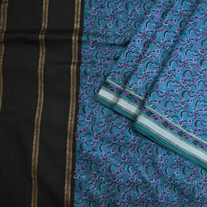 Vintage Sari Teal Blue Pure Silk Printed Saree Fabric 5yard Sewing Soft Dress Designing for Crafting Quilting Upcycle Soft Zari Border