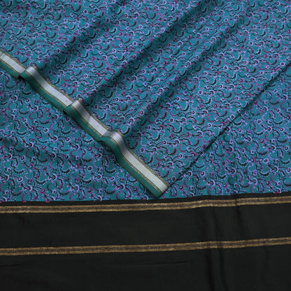Vintage Sari Teal Blue Pure Silk Printed Saree Fabric 5yard Sewing Soft Dress Designing for Crafting Quilting Upcycle Soft Zari Border