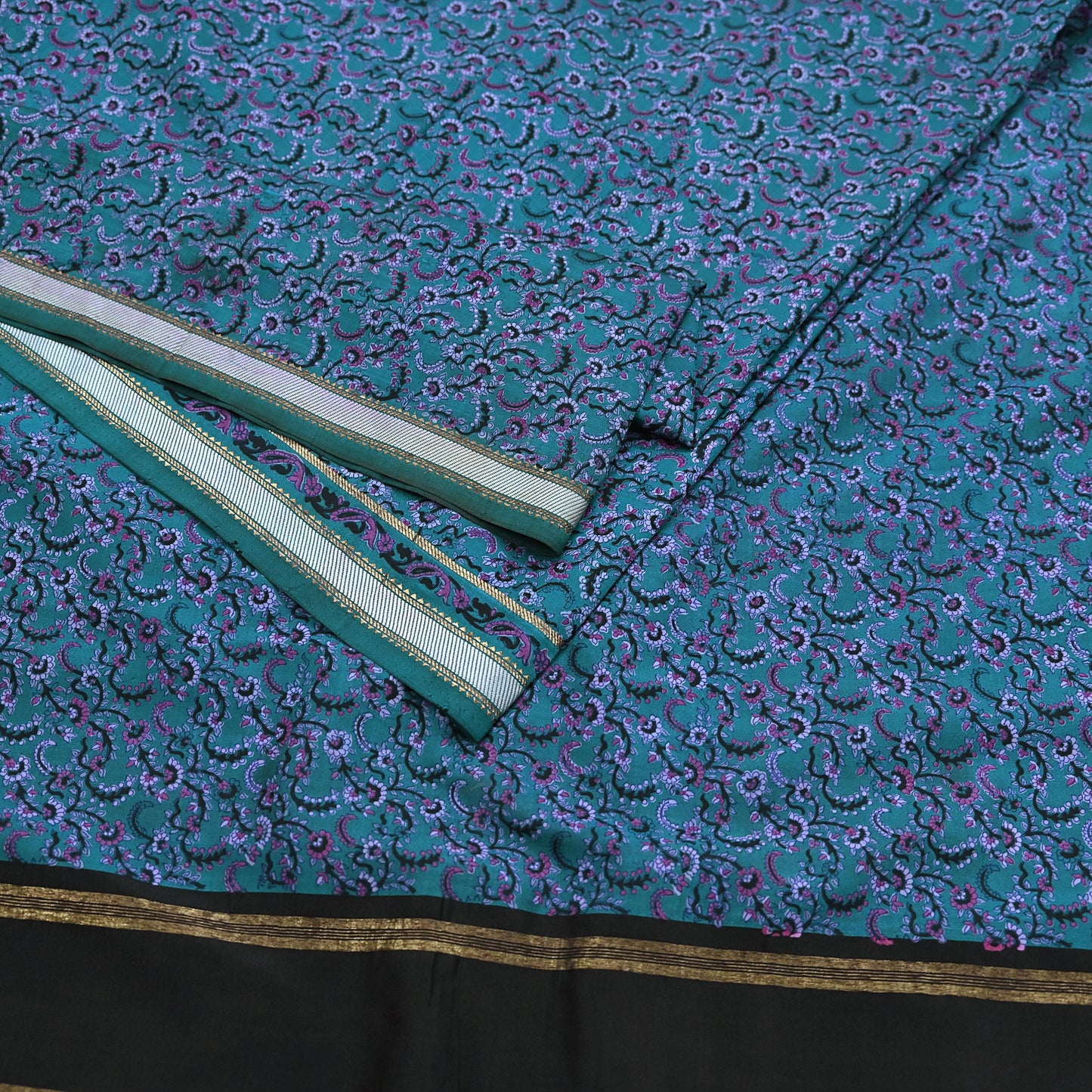 Vintage Sari Teal Blue Pure Silk Printed Saree Fabric 5yard Sewing Soft Dress Designing for Crafting Quilting Upcycle Soft Zari Border