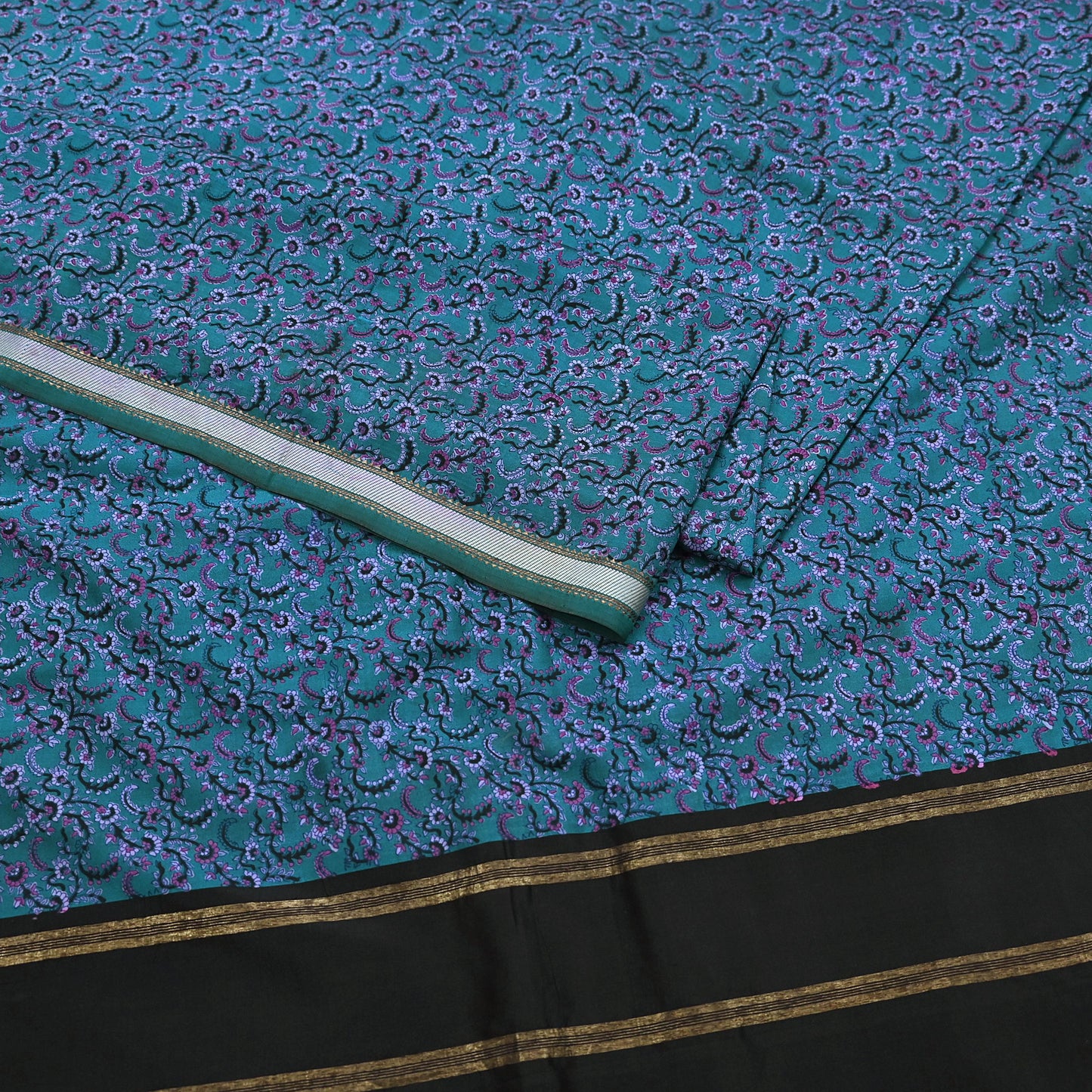 Vintage Sari Teal Blue Pure Silk Printed Saree Fabric 5yard Sewing Soft Dress Designing for Crafting Quilting Upcycle Soft Zari Border