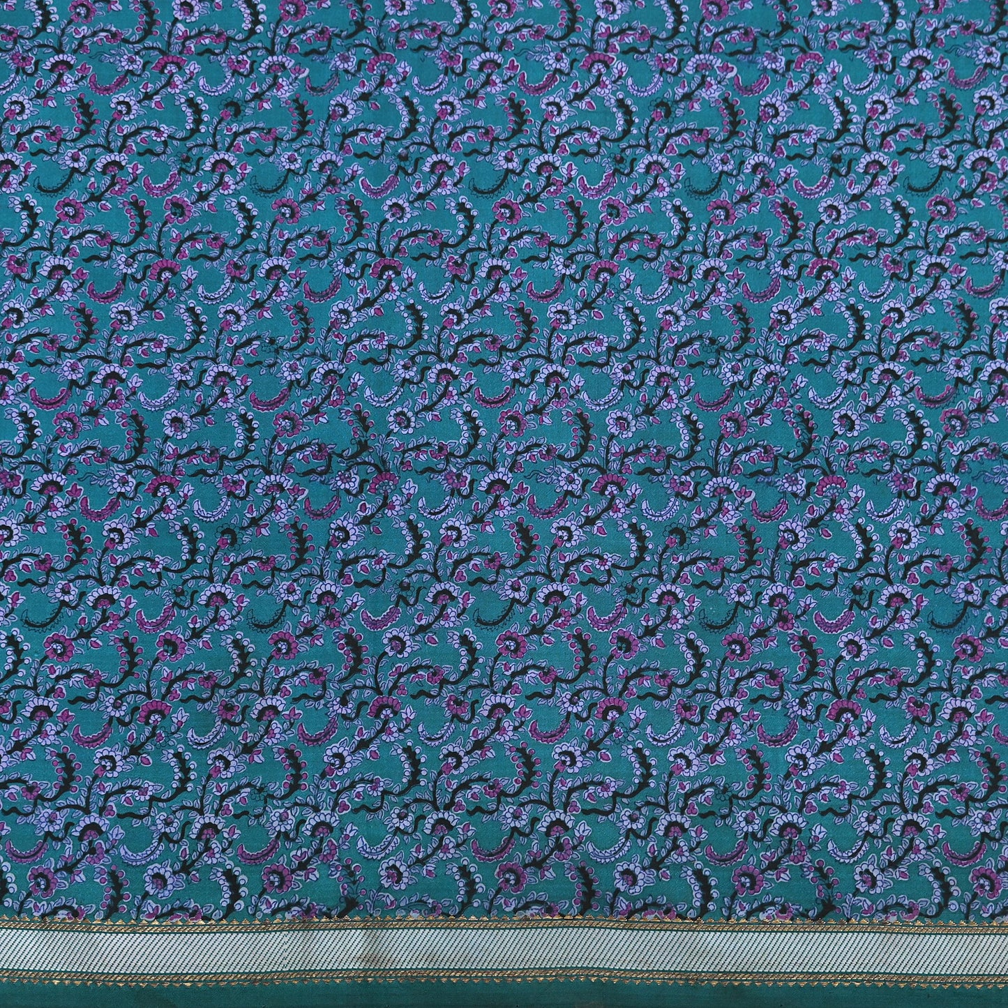Vintage Sari Teal Blue Pure Silk Printed Saree Fabric 5yard Sewing Soft Dress Designing for Crafting Quilting Upcycle Soft Zari Border