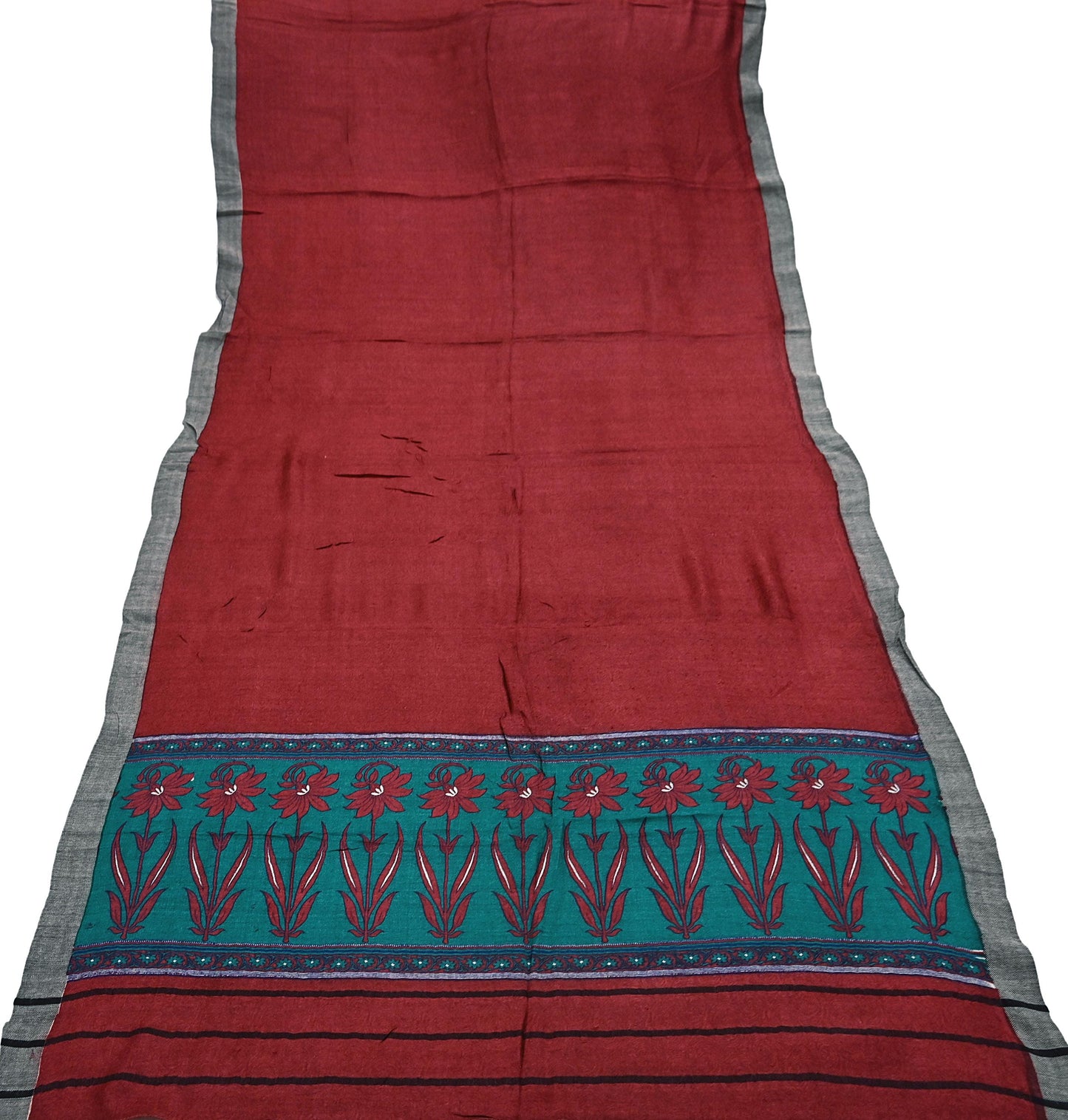 Indian Vintage Red & Green Long Stole Pure Woolen Scarf Printed Dupatta Infinity Scarves Sarong Wrap Veil Woman Hijab Shawl Craft Fabric