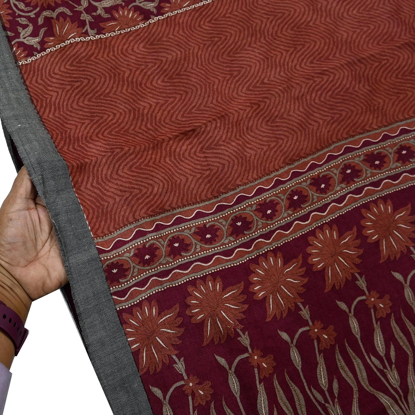 Vintage Maroon Brown Wool Saree Indian Pure Wool Floral Woven Fabric 5 Yard Soft Warm Craft Material for Winter Dressmaking & Sewing