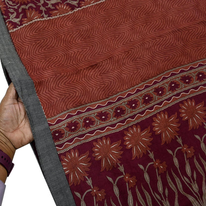 Vintage Maroon Brown Wool Saree Indian Pure Wool Floral Woven Fabric 5 Yard Soft Warm Craft Material for Winter Dressmaking & Sewing