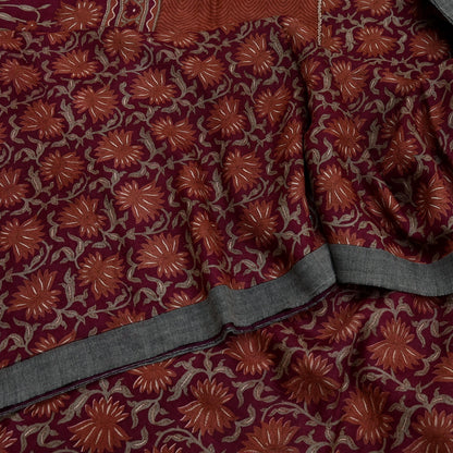Vintage Maroon Brown Wool Saree Indian Pure Wool Floral Woven Fabric 5 Yard Soft Warm Craft Material for Winter Dressmaking & Sewing