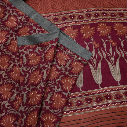 Vintage Maroon Brown Wool Saree Indian Pure Wool Floral Woven Fabric 5 Yard Soft Warm Craft Material for Winter Dressmaking & Sewing